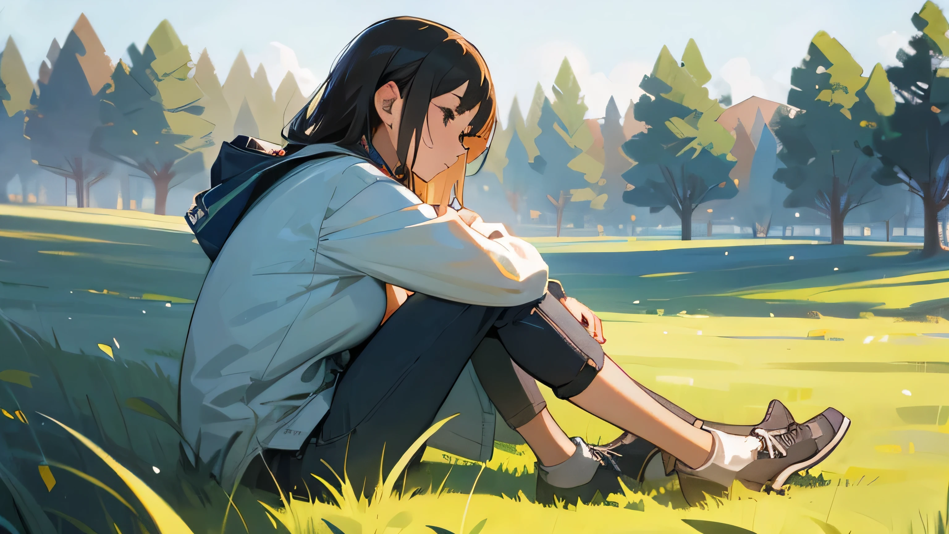 Girl listening to music, in the grass