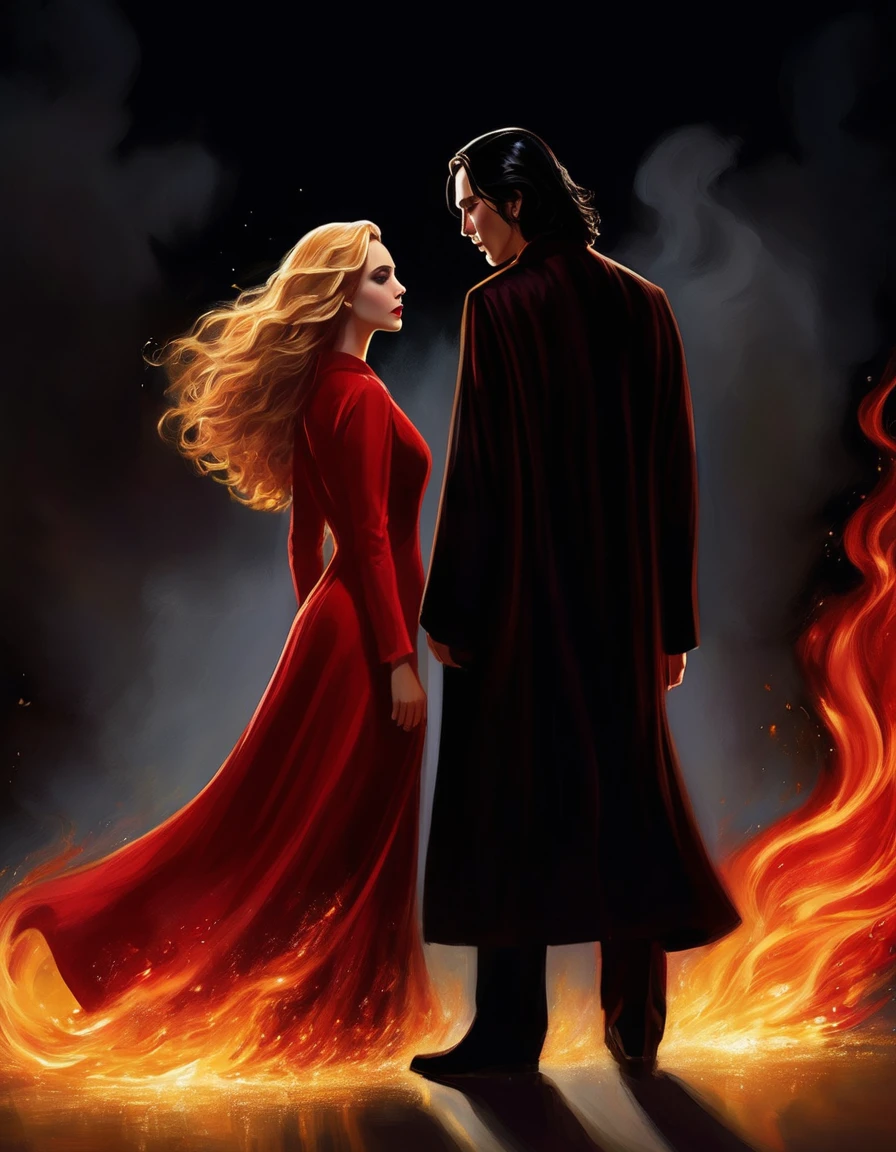 - Scene: Create an image of two people in love in a setting of mystery and passion.
- Woman's Appearance:
- Resembles Beyoncé
- Brown skin
- Long, golden blonde curly hair
- Confident and seductive expression
- Wearing a red dress, elegant and form-fitting
- Lips painted a deep, intense red
- Man's Appearance:
- Resembles Severus Snape (Alan Rickman)
- Pale skin
- Large nose
- Black, straight hair falling around his face in a somber manner
- Serious and intense expression
- Wearing a black cloak, contrasting with the flames around them
- Atmosphere:
- Surrounded by flames, creating a mystical and fiery ambiance
- Soft lighting highlighting their faces, enhancing the sparkle in their eyes
- Flames adding an element of intensity and mystery to the scene
- They are close to each other, gazing intensely into each other's eyes, exuding a strong emotional connection