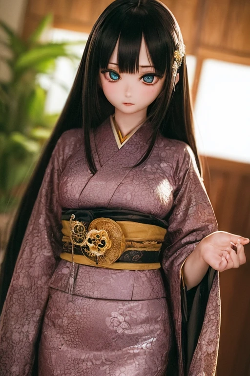 (SFW:2), photorealistic, realistic photo, ((highest quality)), ((masterpiece)), ((extremely detailed)), kukolnydom, doll, (mature woman, 21 yo, 21 years old:1.6), solo, ((cowboy shot, standing
, kimono, obi, obidome, hair ornament)), green eyes, parted lips, (black hair, long hair, looking at another, blank eyes, empty eyes, detailed eyes, detailed clothes:1.3), Japanese garden, 8k