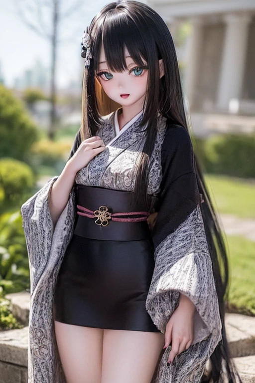 (SFW:2), photorealistic, realistic photo, ((highest quality)), ((masterpiece)), ((extremely detailed)), kukolnydom, doll, (mature woman, 21 yo, 21 years old:1.6), solo, ((cowboy shot, standing
, kimono, obi, obidome, hair ornament)), green eyes, parted lips, (black hair, long hair, looking at another, blank eyes, empty eyes, detailed eyes, detailed clothes:1.3), Japanese garden, 8k