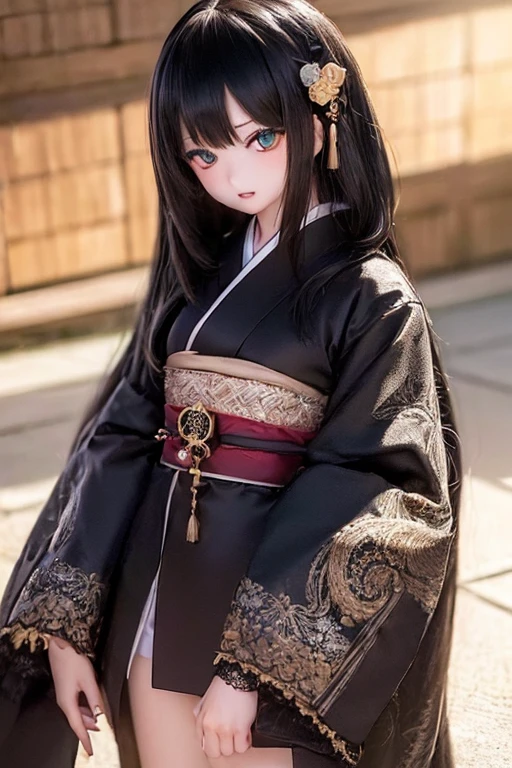 (SFW:2), photorealistic, realistic photo, ((highest quality)), ((masterpiece)), ((extremely detailed)), kukolnydom, doll, (mature woman, 21 yo, 21 years old:1.6), solo, ((cowboy shot, standing
, kimono, obi, obidome, hair ornament)), green eyes, parted lips, (black hair, long hair, looking at another, blank eyes, empty eyes, detailed eyes, detailed clothes:1.3), Japanese garden, 8k