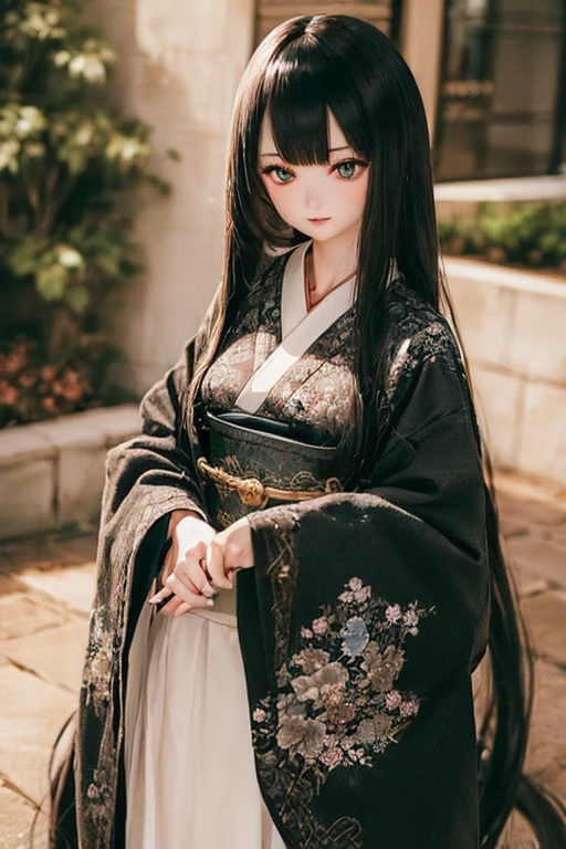(SFW:2), photorealistic, realistic photo, ((highest quality)), ((masterpiece)), ((extremely detailed)), kukolnydom, doll, (mature woman, 21 yo, 21 years old:1.6), solo, ((cowboy shot, standing
, kimono, obi, obidome, hair ornament)), green eyes, parted lips, (black hair, long hair, looking at another, blank eyes, empty eyes, detailed eyes, detailed clothes:1.3), Japanese garden, 8k