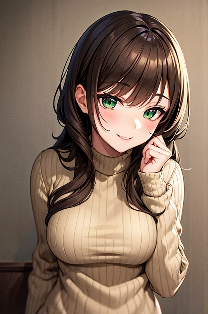 Beautifully detailed、High resolution portrait masterpiece of a girl with long hair。, Shiny brown hair and captivating green eyes, Wear a cozy sweater、She has a gorgeous smile that accentuates her small but perfectly shaped breasts..