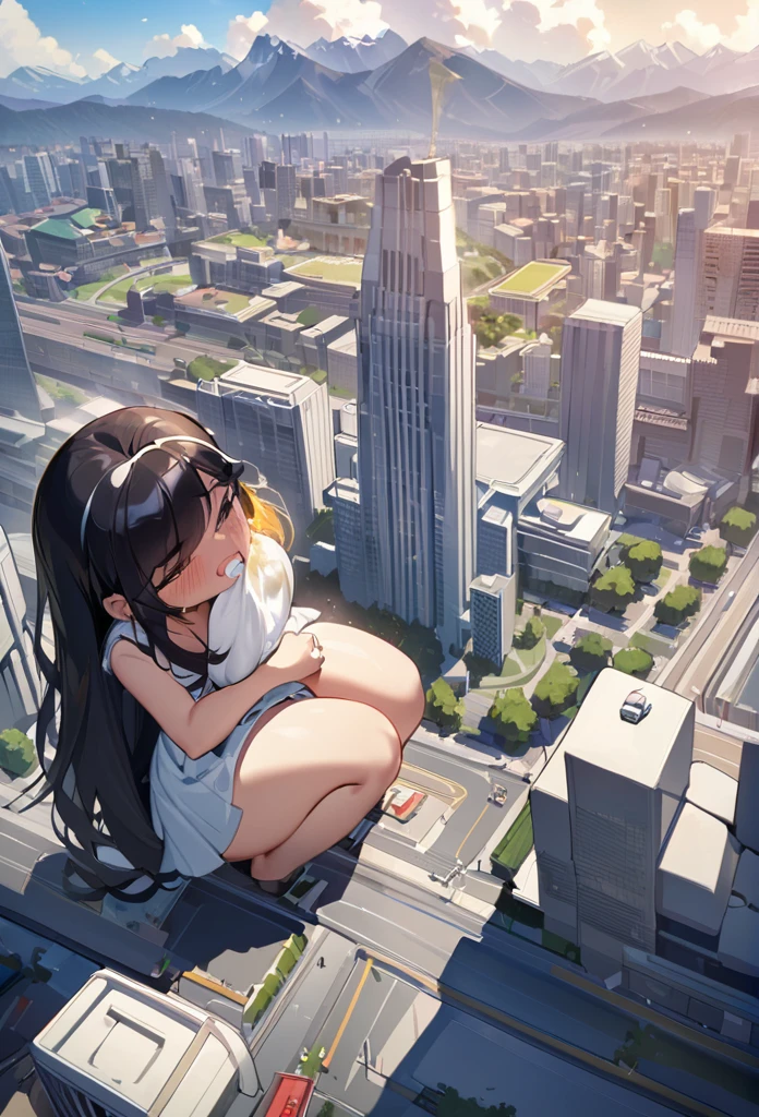 NSFW，{A giantess}，{1个Giant Girl}，{urinating}clouds， looking over city， mountain ranges， tmasterpiece, Best quality, The content is very detailed,tmasterpiece,Best quality,offcial art,extremely detaild的 CG unified 8k wallpapers，{{{A giantess}}}，Huge girl，1 girl，modern miniature city，pissing，No shoelackstockings}，squatt，face flushed，comfortable expressions，pissing，urine，Nourishes urine，urine squirting，Urine gives off steam，Modern miniature city squatting and peeing ，The city is full of urine, wxaliwonlan