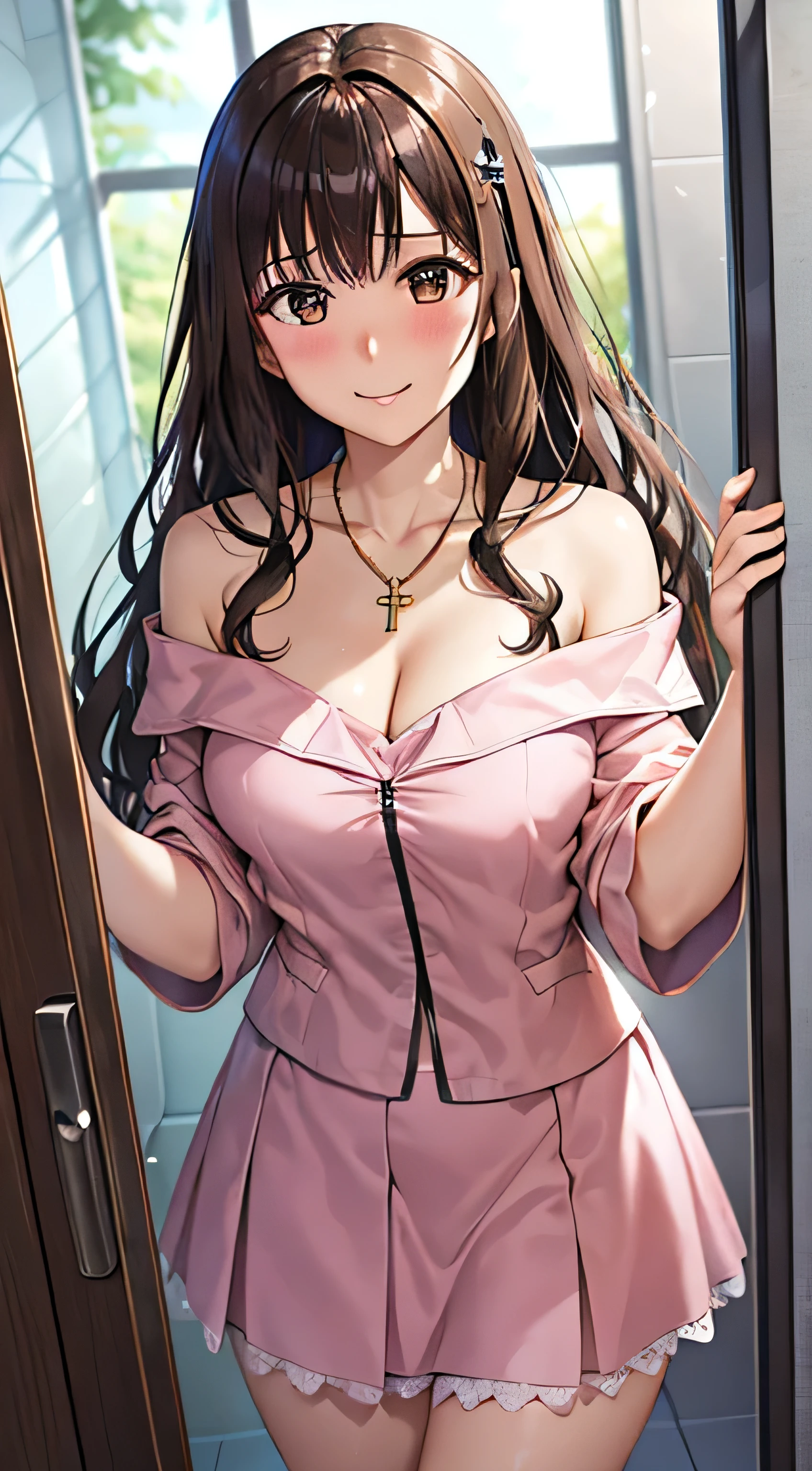 ((Tabletop, Highest quality, High resolution, , Pixel Perfect, 4K,))), 1 female, 、The whole body is visible、 ((Long Wavy Hair, bangs, Brown Hair)), ((Brown eyes, Beautiful eyelashes, Realistic eyes)), ((Detailed face, Blushing:1.2)), ((Smooth texture:0.75, Realistic texture:0.65, Realistic:1.1, Anime CG Style)), Medium sized breasts, Dynamic Angle, Perfect body, (( , , Beautiful priest、、 Priest off-shoulder jacket、Priest Flare Skirt、、)), Gold Hair Ornament、Cross Necklace、、Very embarrassing panic smile, 、In front of the shower room、look back、、Nipples are slightly visible、、Pink lace panties visible、、、、 、Angle from below)、