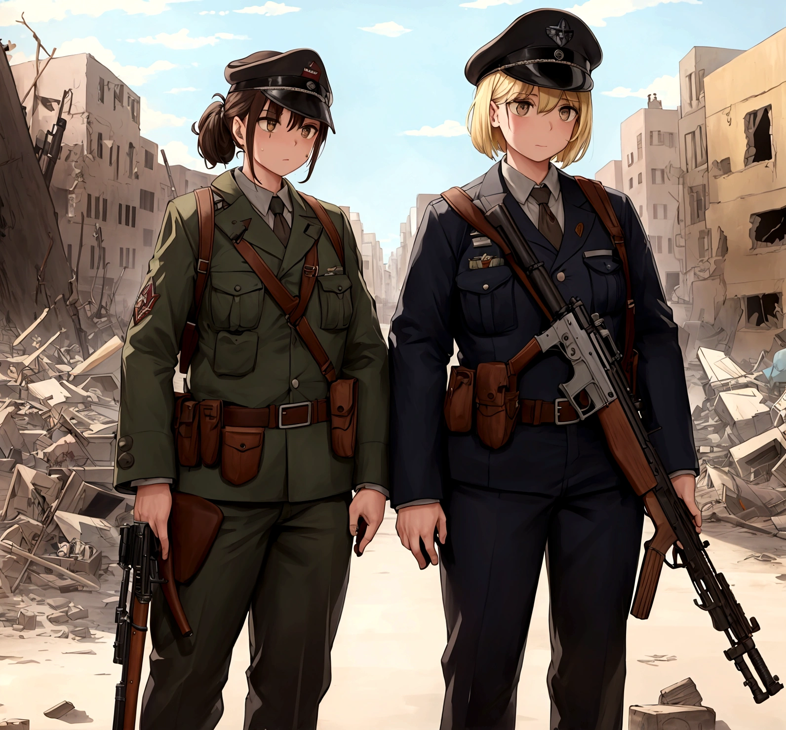 both standing in a destroyed town rifle and pistol 1942