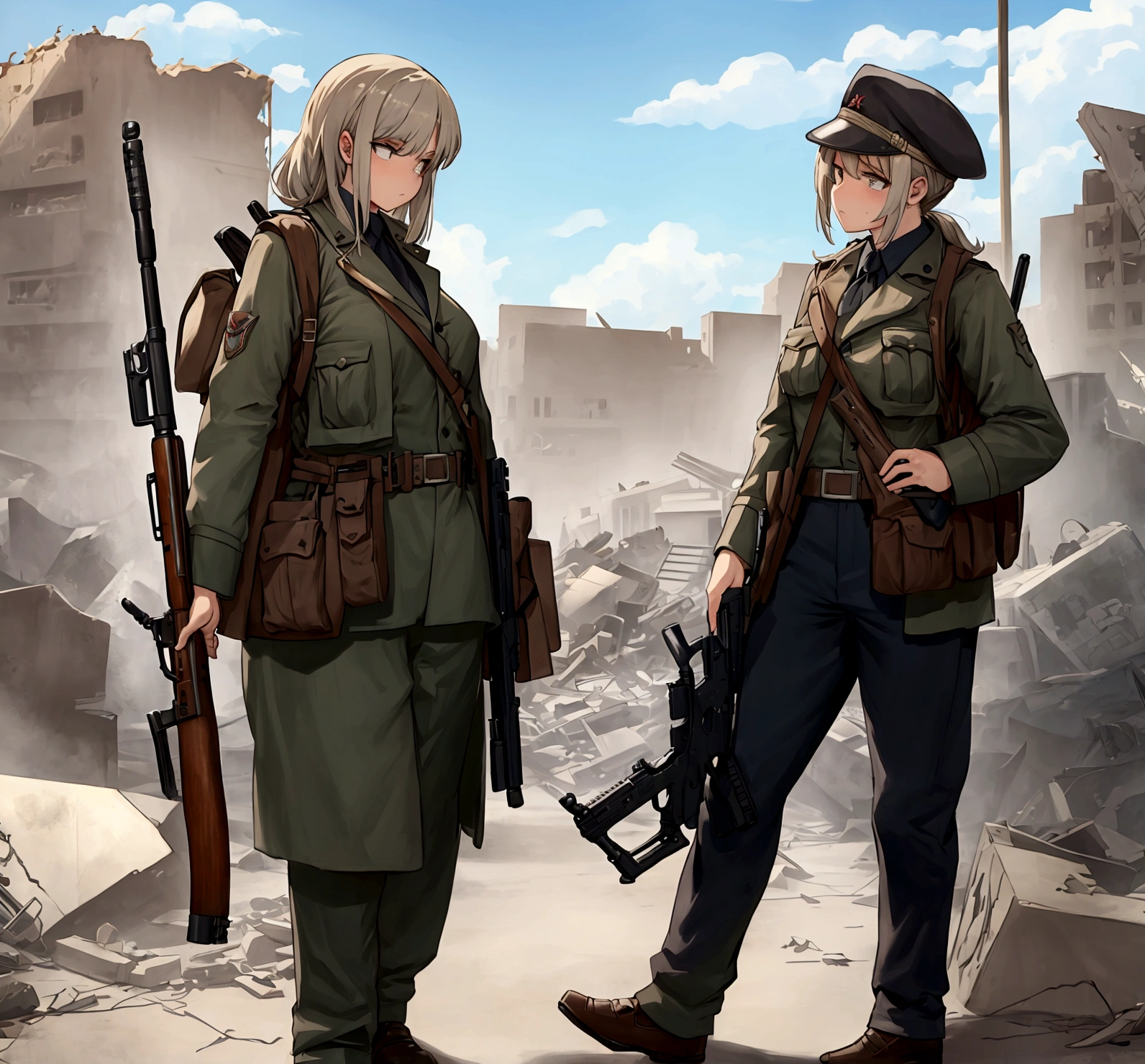 both standing in a destroyed town rifle and pistol 1942