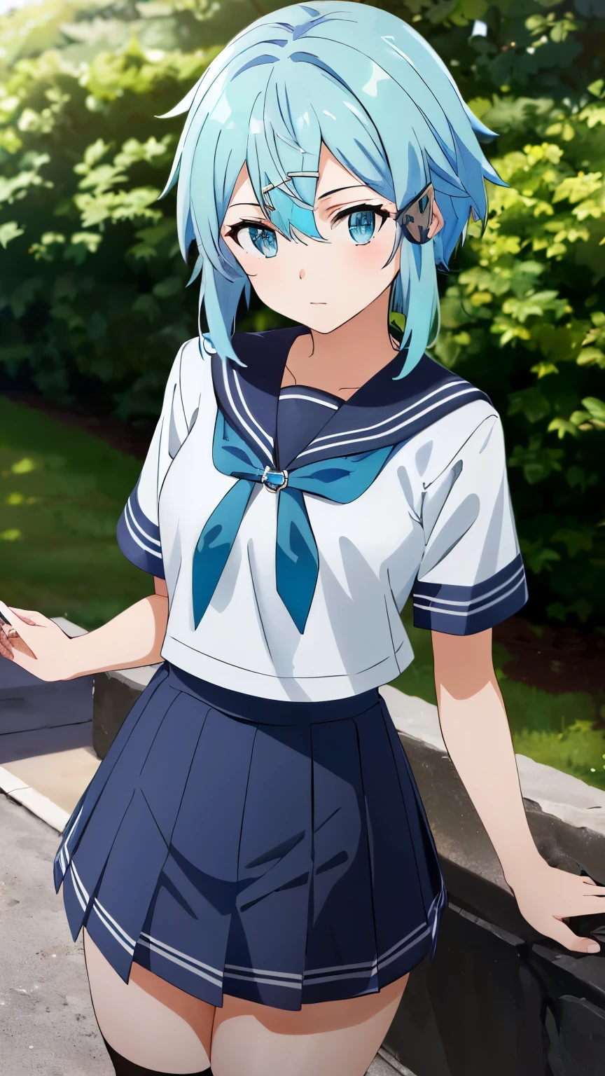 (Top Quality, Masterpiece, 8k:1.2), Ultra Detailed, High Resolution, Anime, 1 Girl, Solo, EPsoaSinon, Short Hair, Light Blue Hair, Detailed Jewel Eyes, Hair Between Eyes, (Hair Accessory:1.2), Hair Clip, Side Locks, (Sailor uniform, summer uniform, short sleeves, miniskirt, tights), dynamic Angle, Cowboy Shot,looking at viewer,