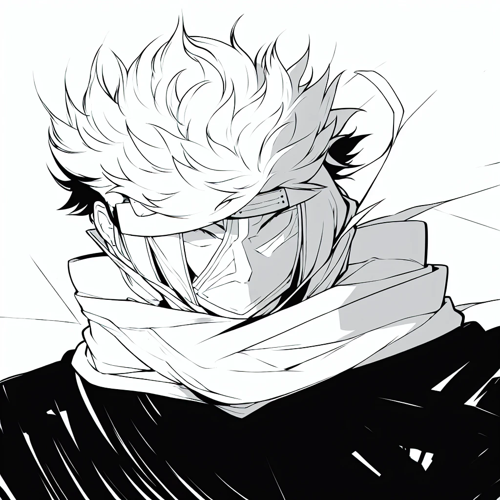 gege akutami manga art style, cool shading, sharp lineart, badass pose, white fluffy messy hair, boy, black and white, staring at viewer, messy clothing, male, scarf over mouth