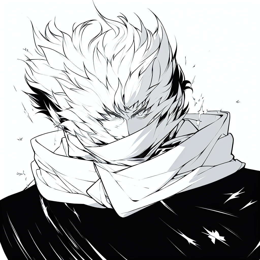 gege akutami manga art style, cool shading, sharp lineart, badass pose, white fluffy messy hair, boy, black and white, staring at viewer, messy clothing, male, scarf over mouth