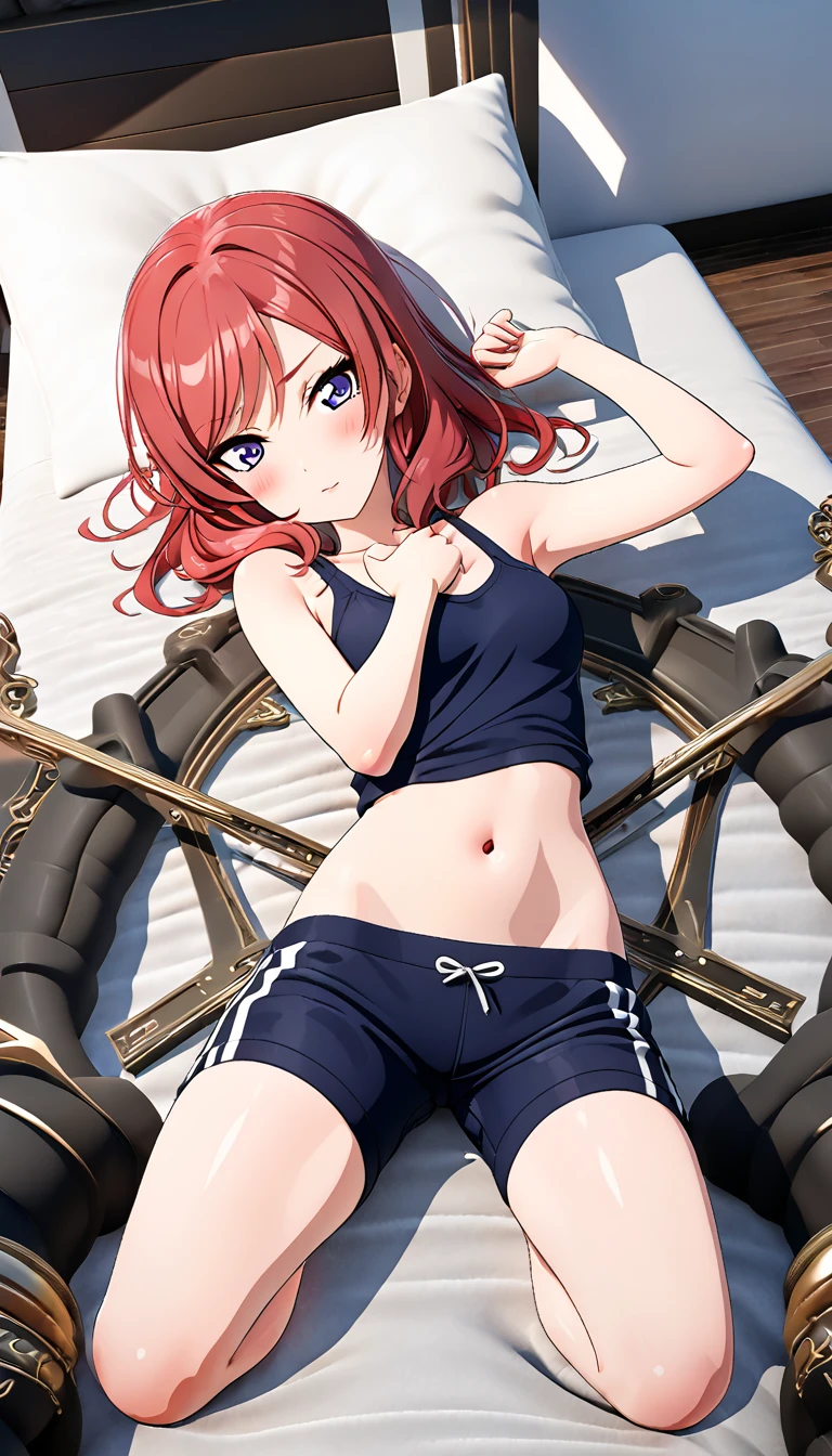 One girl, Nishikino Maki, thin tank top, nylon fabric short pants, posing on bed, BREAK (masterpiece, best quality, high resolution, ultra detailed, (ultra detailed skin: 1.3), (ultra detailed hair: 1.3), (perfect anatomy: 1.5), (perfect anatomy: 1.5), (beautiful eyes, 5 fingers: 1.3), (highly detailed face and skin texture: 1.3), (crisp details), {background blur: 1.3}, (perfect lighting), high resolution CG, Unity 8k wallpaper, official art, (full body composition: 1.22), (character focus: 1.22), (blush: 1.22), (upward glance: 1.22), 3D rendering, conceptual art, sharp sketch, id_maki_nishikino