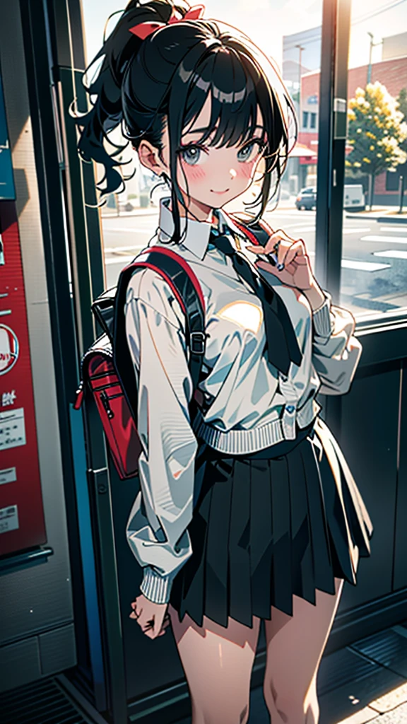 (8K, RAW Photos, 最high quality, masterpiece:1.2), high qualityのRAWカラー写真, Professional photo shoot, Cinematic Light, alone, (((young woman, Gal))), (Sharp features), (Small face), (Skin with attention to detail:1.2), clavicle, Cute face, Beautiful appearance, Long eyelashes,Girl Turning Around, smile, (Black Hair, Long straight line),  High School Uniform, loafers,Knit grey vest、 Backpack,  Night Park, Confident attitude, Capture the happy moment, Artistic painting,Attractive thighs, (A very fine touch:1.2),はにかんだsmile), Peaceful atmosphere, Oil painting style, Bright colors, (Are standing:1.5, Inside a convenience store, Full body portrait), Smooth texture, Gazing Eyes, Beautiful Skin, Shiny skin, ((Perfect Fingers, Five Fingers, Anatomically correct)), Background Blur, high quality, Surreal, ((Very detailed, photo shoot)),A large number of people、blush、plump、Black Hair、Tie-up hair、ponytail、mini skirt、heavy rain、、((チェック柄のmini skirt))、Checkered pleated skirt