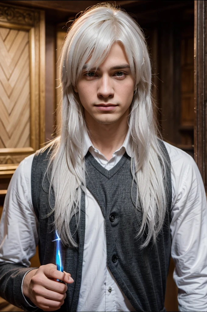 Handsome young man with magic from Hogwarts School of Magic, white hair, lives in Hufflepuff House.