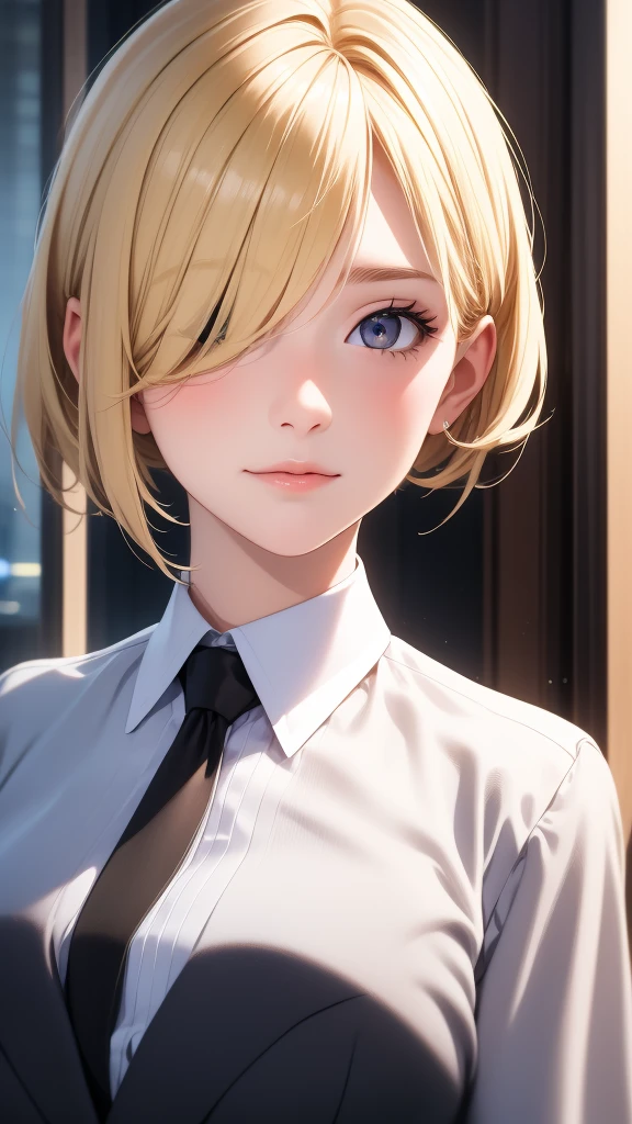 European girl portrait,alone,20-year-old,Beautiful Face,Upper Body,Hair on one eye,Medium Sidecut, Blonde, Sharp focus,Black business suit,Hotel