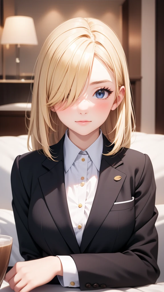 European girl portrait,alone,20-year-old,Beautiful Face,Upper Body,Hair on one eye,Medium Sidecut, Blonde, Sharp focus,Black business suit,Hotel