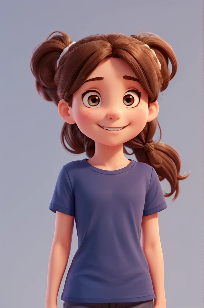 work of art, best quality white background a girl with dark brown wavy hair tied in a ponytail smiling wearing a plain navy blue t-shirt