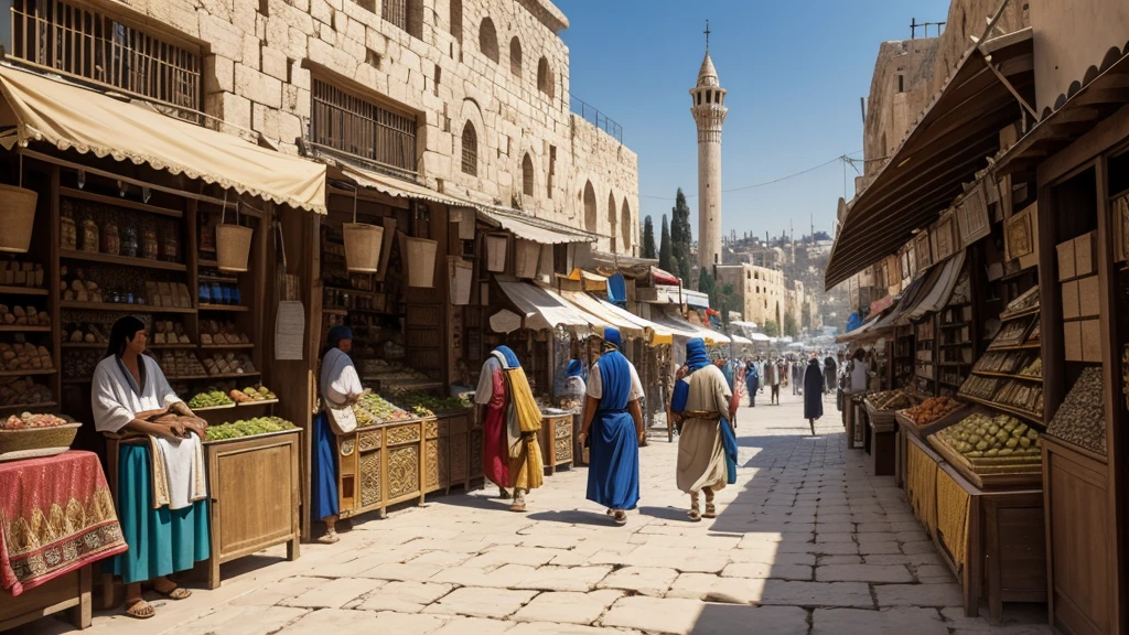 A bustling street in ancient Jerusalem, with merchants selling their wares and people of all ages and backgrounds going about their daily lives.