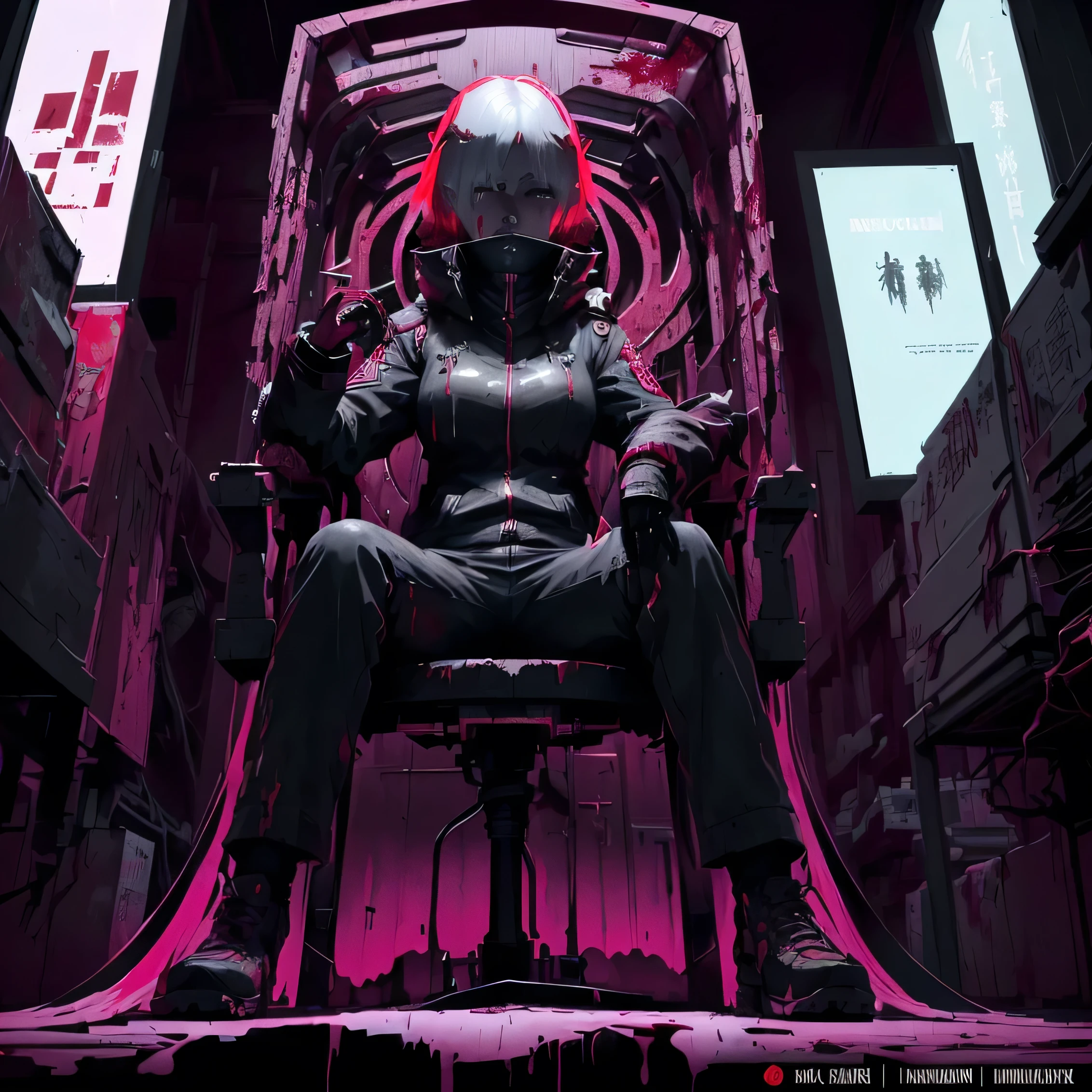there is a woman with blood on her face and a red jacket, pale woman covered with blood, bloody + concept art, rain of blood, blood dripping down the head, crying tears of blood, detailed 4k horror artwork, artwork in the style of guweiz, clean brutal blooded face, kaneki ken, guweiz on pixiv artstation, raining blood