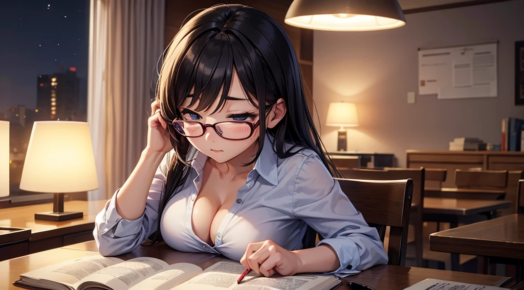Falling asleep face down while studying at night、A cute girl wearing glasses that accentuate her breasts a little