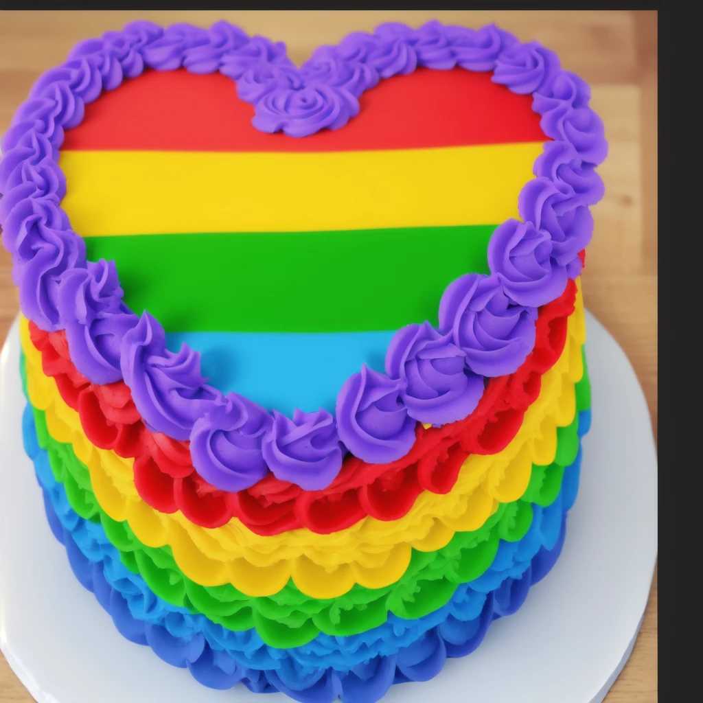 on a wooden table, worth the heart cake, rainbow star cream, purple cream on top along the rim of a rainbow heart, realistic style, realistic texture,detailed texture, realistic photo, beautiful light, beautiful sunlight from the window, ultra hd 4k