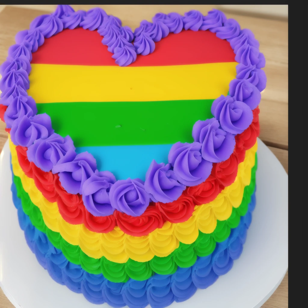on a wooden table, worth the heart cake, rainbow star cream, purple cream on top along the rim of a rainbow heart, realistic style, realistic texture,detailed texture, realistic photo, beautiful light, beautiful sunlight from the window, ultra hd 4k