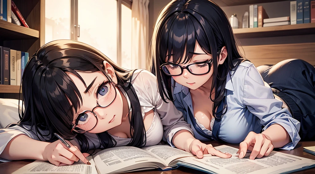 Falling asleep face down while studying at night、A cute girl wearing glasses that accentuate her breasts a little