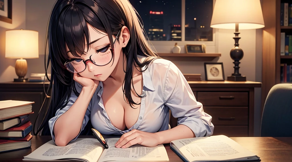 Falling asleep face down while studying at night、A cute girl wearing glasses that accentuate her breasts a little
