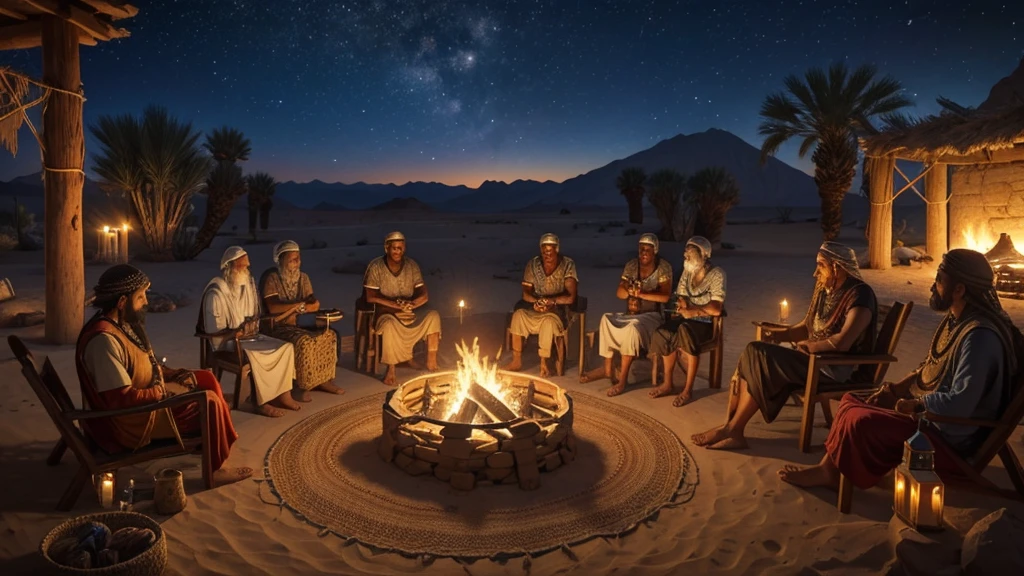 "A desert oasis where nomadic tribes converge for trade and storytelling under a starlit sky. In the center, a circle of elders gathers around a campfire, passing down oral traditions and ancestral wisdom. The scene captures the nomadic influences on Israelite beliefs about death, as reflected in their burial customs and spiritual rituals. Symbols of tribal identity and spiritual practices adorn the scene, showcasing the diverse cultural tapestry of ancient Israelite perspectives."