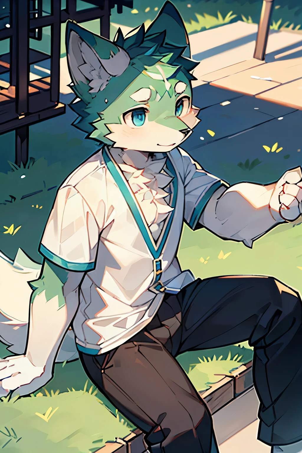 Exquisite lines,best quality。young,male,Light green fur,Wolf Orc,higher,Blue and white school uniform,Black pants,Blue pupils,Background School,Sitting on the playground,evening