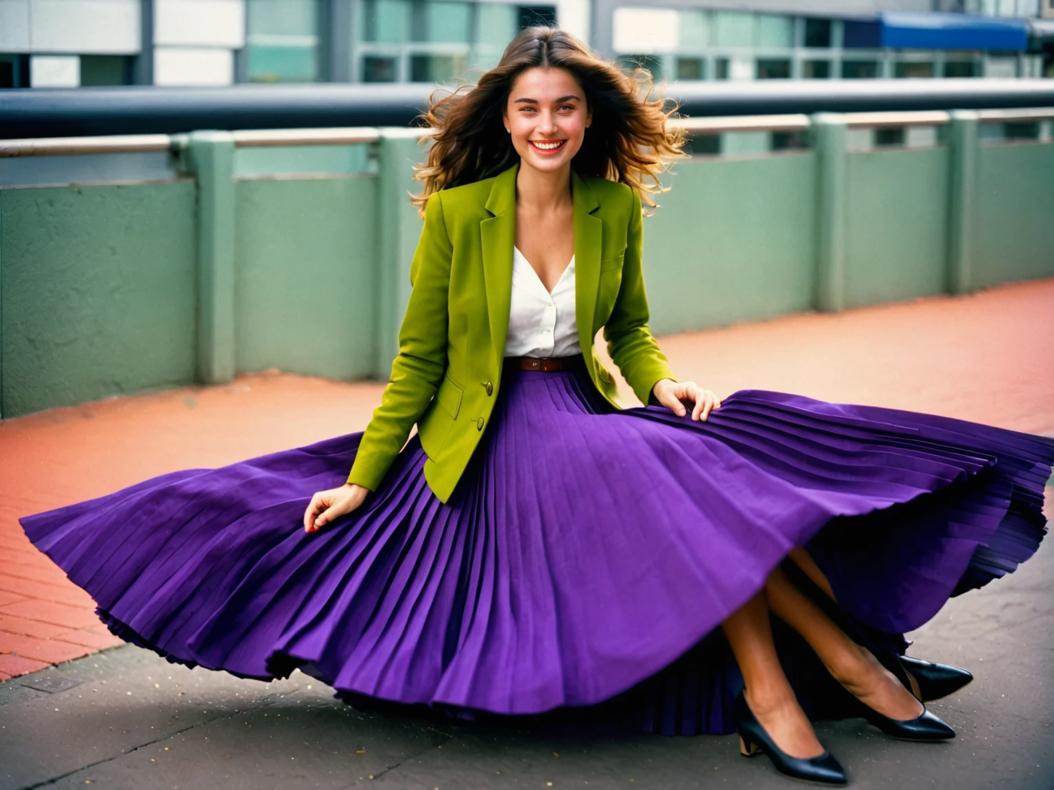 A smiling, authentic, (shy:1,3), kind, beautiful woman, is passionately in love with her skirt, wind wildly lifts her skirt, wearing uniform jacket and very, very detailed (long (fully pleated) full circle skirt) and (low heeled court shoes), very, very intricate hyper-detailed symmetric (attractive graceful young feminine face) with (sad, tired eyes and a loving smile), very voluptuous breasts, full of empathy and compassion and love, (pronounced (feminine) features), (highly detailed ultra accurate realistic) hands and fingers, (windy), epic composition, highly detailed attributes, (35mm f1.4 Kodak portra 400 photograph), extremely high quality RAW photograph, highly detailed atmosphere, sci-fi, cinematic shot, dynamic lighting, 75mm, Technicolor, Panavision, cinemascope, sharp focus, fine details, 8k, HDR, realism, realistic, key visual, film still, superb cinematic color grading, depth of field