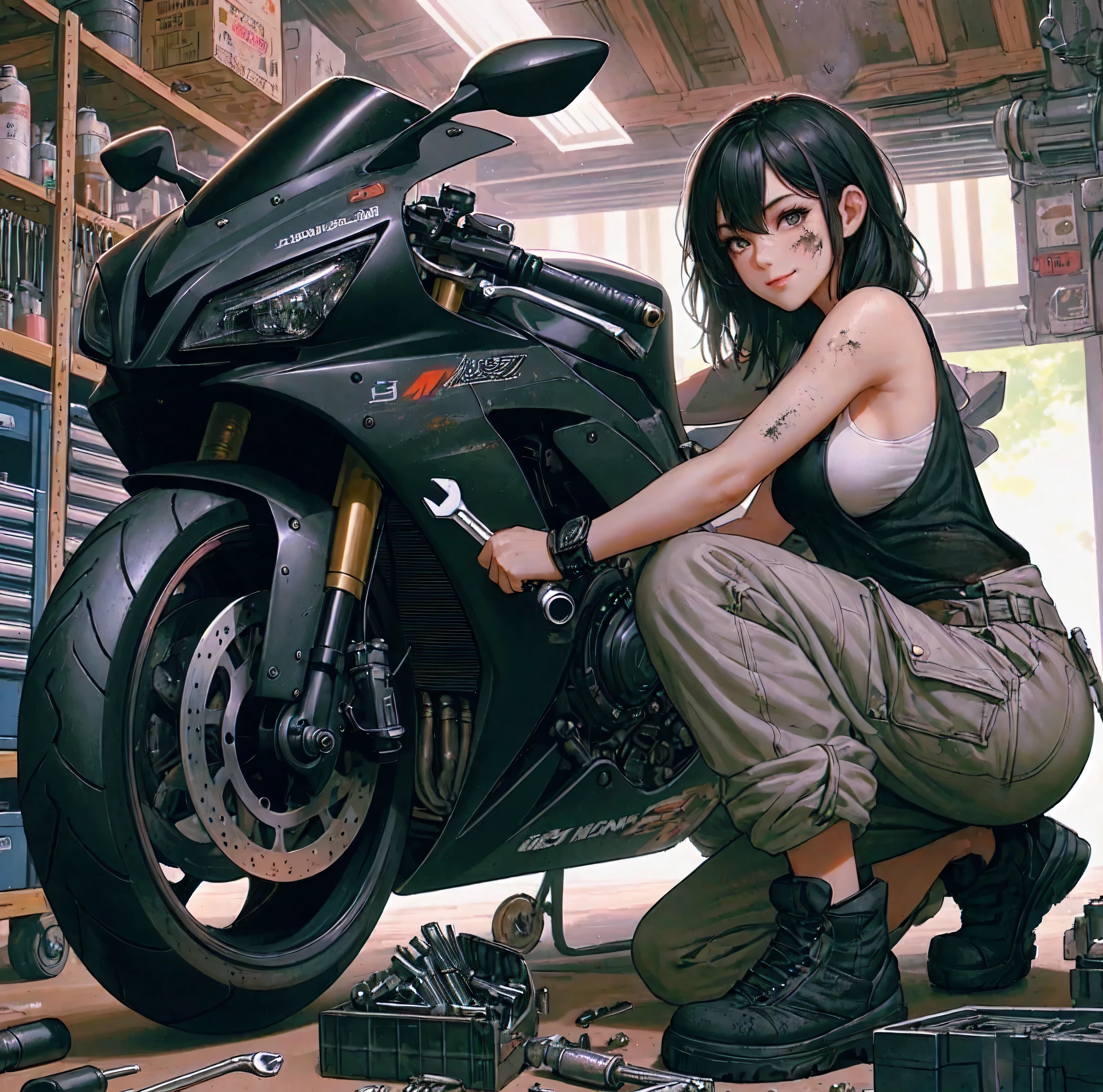 1lady solo, (squatting by motorcycle) (one knee on the ground), mechanic, (black tank top), ((overalls loosely worn) with the sleeves tied around waist), (mature female:0.8), /(black hair/) bangs, light smile, (oil smudges on cheeks:1.1), (masterpiece best quality:1.2) delicate illustration ultra-detailed, large breasts, (holding spanner, wrench), glove BREAK (garage) indoors, (sporty motorcycle:1.1), various tools and parts, detailed background
