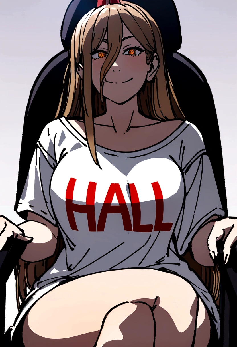 woman wearing an oversized shirt that reaches her thighs, with the text "Harl" written on the shirt, smiling with a bold expression, sitting on a chair gamer, detailed face and eyes, 8k, best quality.