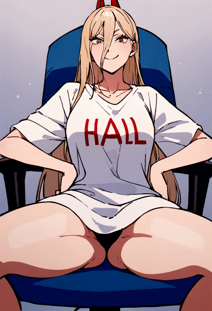 woman wearing an oversized shirt that reaches her thighs, with the text "Harl" written on the shirt, smiling with a bold expression, sitting on a chair gamer, detailed face and eyes, 8k, best quality.