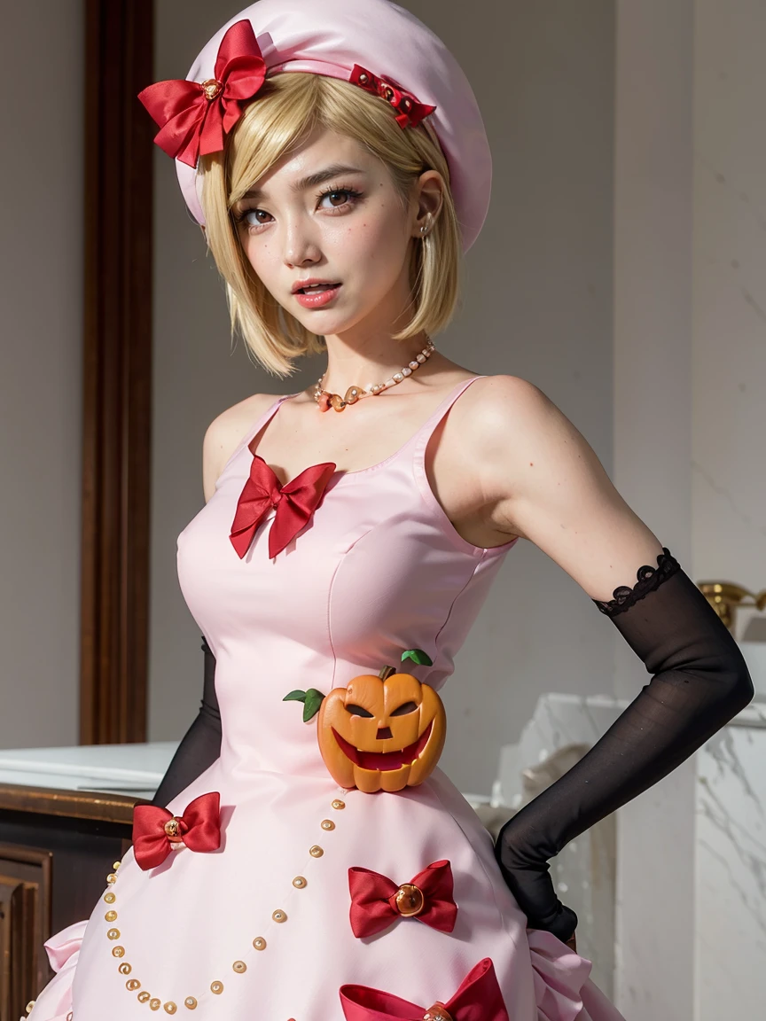 (1 lady), The beautiful, (Best quality at best:1.4), (ultra - detailed), (extremely detailed CG unified 16k), gold blonde hair, very detailed, High-definition RAW color photo, professional photoshooting, amazing face and eyes, cosmetics, (amazingly beautiful girl), ((lambdadelta, tall woman, taller)), ((dress, red bow, pink hat, necklace, gloves, pearl, pink dress)), standing, realistic cinematic face, photo portrait, upper body (shoulders to head), photorealistic, ((realistic natural blonde hair style, scarlet red eyes)), gorgeous, extremely beautiful face, perfect model beauty, pout mouth, flirting smile, cleavages, city girl, western, (masterpiece), best quality, high resolution, extremely detailed, blurred background, depth of field, cinematic lighting, clear and well-cared skin, jack-o'-lantern on dress,