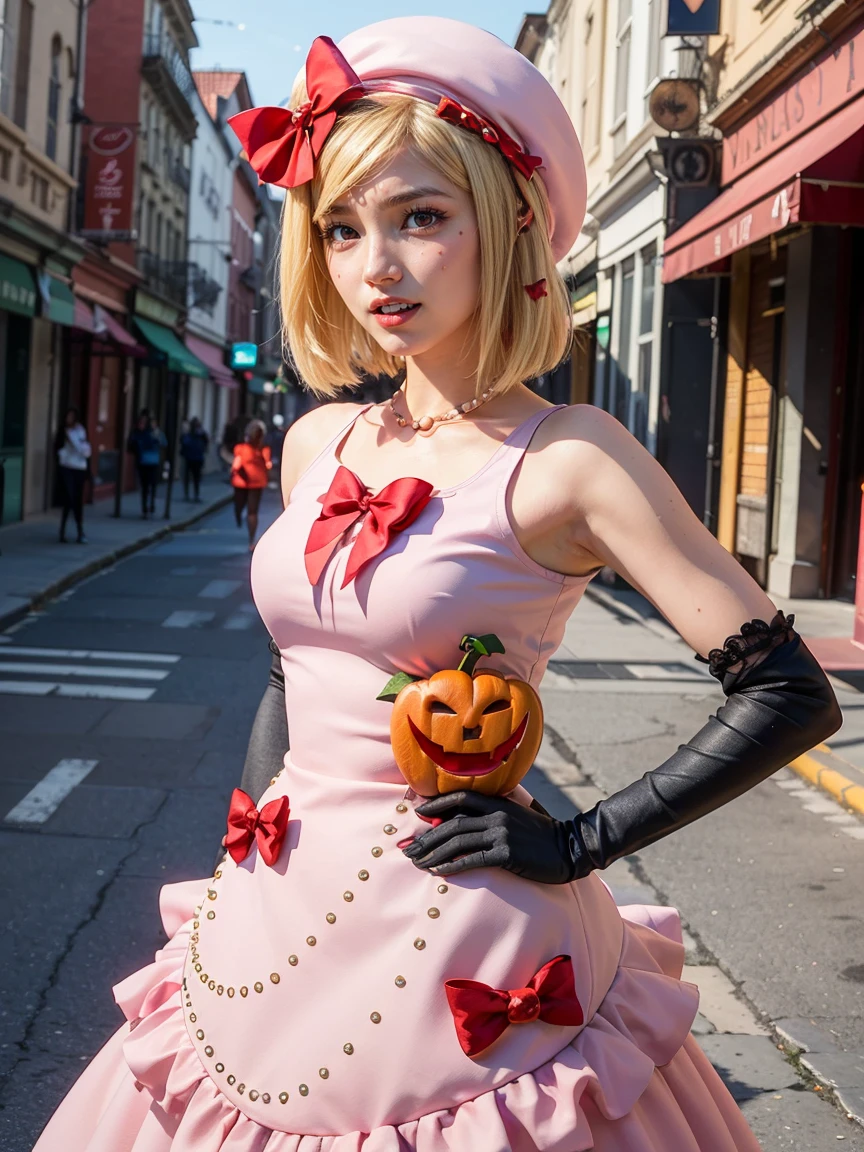 (1 lady), The beautiful, (Best quality at best:1.4), (ultra - detailed), (extremely detailed CG unified 16k), gold blonde hair, very detailed, High-definition RAW color photo, professional photoshooting, amazing face and eyes, cosmetics, (amazingly beautiful girl), ((lambdadelta, tall woman, taller)), ((dress, red bow, pink hat, necklace, gloves, pearl, pink dress)), standing, realistic cinematic face, photo portrait, upper body (shoulders to head), photorealistic, ((realistic natural blonde hair style, scarlet red eyes)), gorgeous, extremely beautiful face, perfect model beauty, pout mouth, flirting smile, cleavages, city girl, western, (masterpiece), best quality, high resolution, extremely detailed, blurred background, depth of field, cinematic lighting, clear and well-cared skin, jack-o'-lantern on dress,