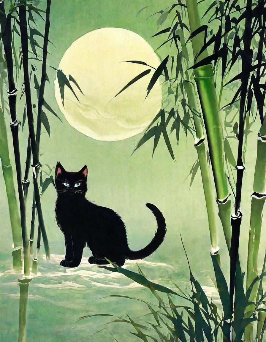 Highest quality, masterpiece, High resolution, Super Long Shot,ちぎり絵風のMountain水画,Whity,moon,Beautiful Nature,Mountain,Black kitten,river,Light green bamboo forest,Free your imagination,Lonely,Beautiful Nature美,The pinnacle of art