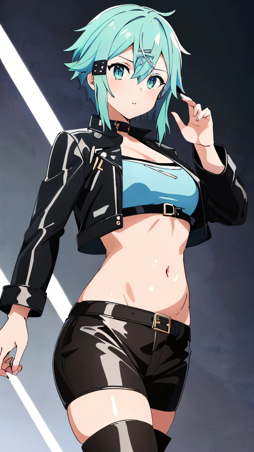 (Top Quality, Masterpiece, 8k:1.2), Ultra Detailed, High Resolution, Anime, 1 Girl, Solo, EPsoaSinon, Short Hair, Light Blue Hair, Detailed Jewel Eyes, Hair Between Eyes, (Hair Accessory:1.2), Hair Clip, Side Locks, (Leather Jackets,Black Leather, Belly Button, Black Boots, Beautiful Shoes), dynamic Angle, Cowboy Shot,looking at viewer,