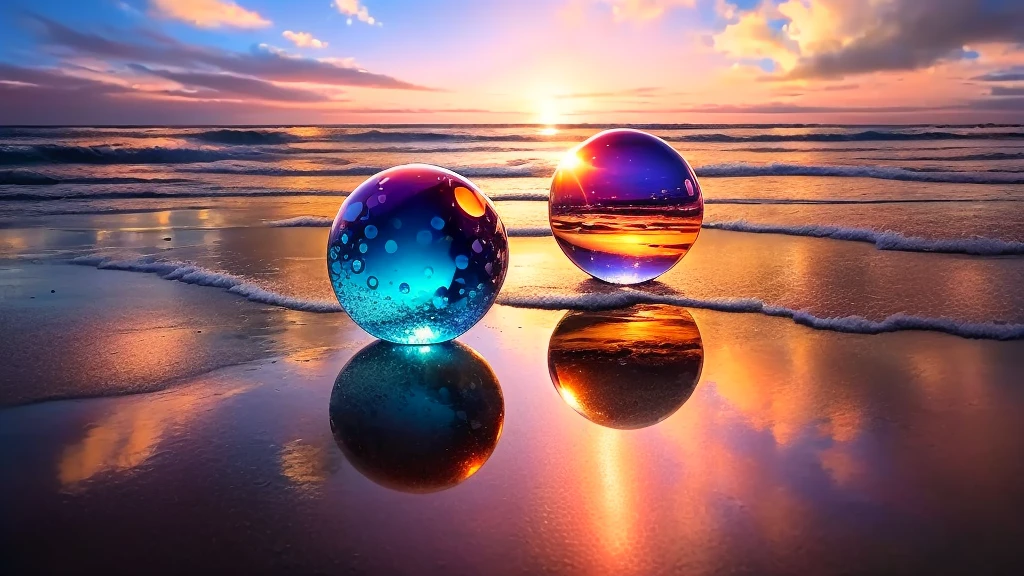 arafed image of a Glass beads on a beach at sunset, Ocean Specular, Glass-like reflection, 4 0 9 6, today\Featured Photos in 4k, next to the reflecting ocean, Glass beads, Amazing reflection of the sky, Spherical lens, Glass sphere, Breathtaking shots, Clear reflection, Glass reflection, HDR Refraction