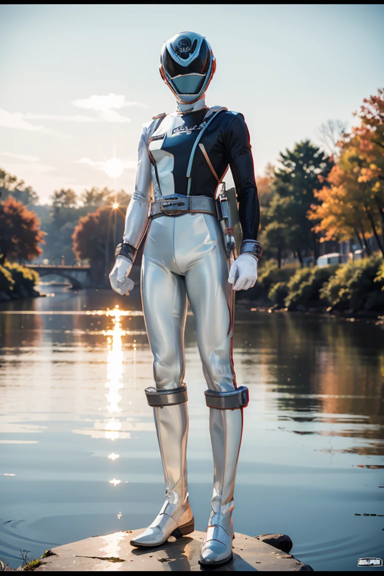 The sunset flies with the lonely geese in the distance, and the autumn river water and the vast sky are connected, icons,1boy, white, full body, Illustration, cinematic light, high resolution, best quality, ultra detailed, masterpiece, power suit, powerranger, suit, spd, (silver royal guard ranger suit), gold detail