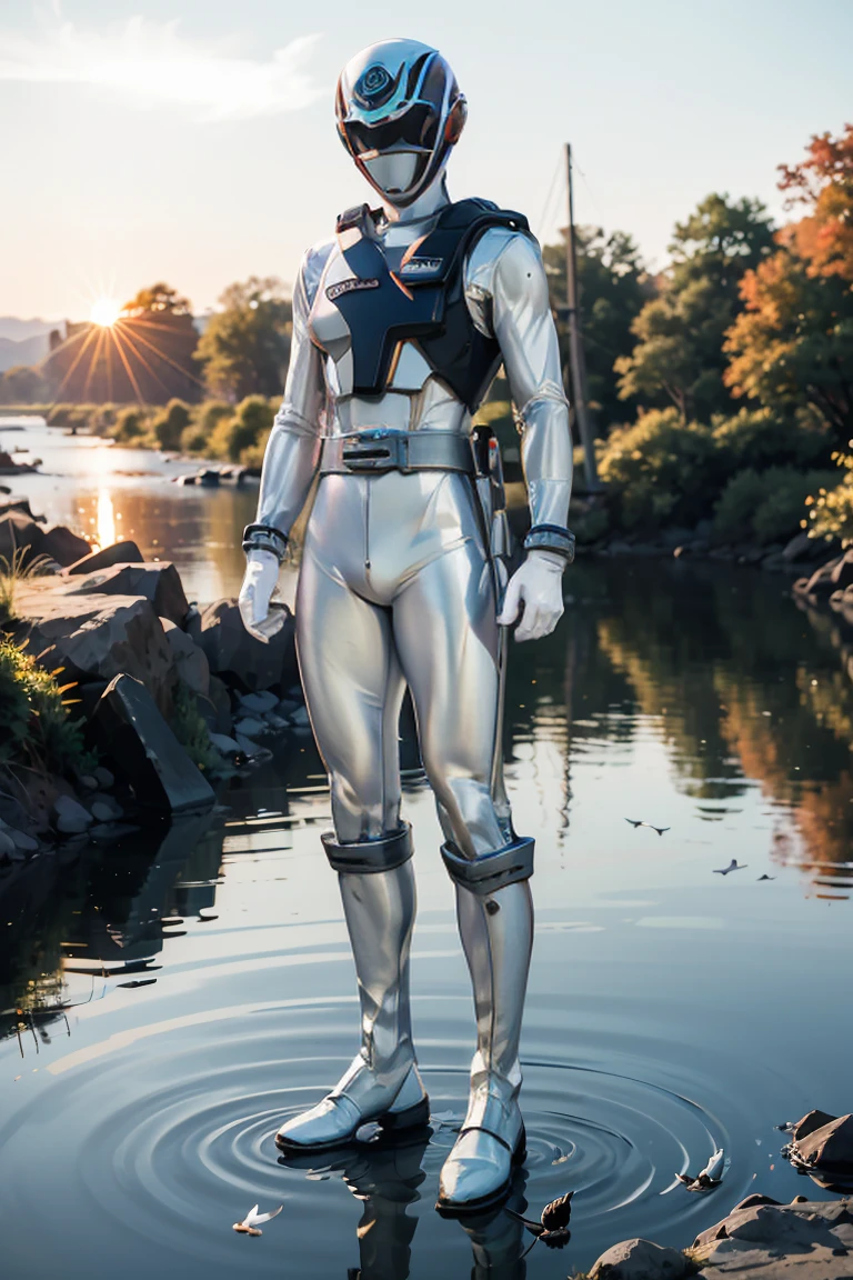 The sunset flies with the lonely geese in the distance, and the autumn river water and the vast sky are connected, icons,1boy, white, full body, Illustration, cinematic light, high resolution, best quality, ultra detailed, masterpiece, power suit, powerranger, suit, spd, (silver royal guard ranger suit), gold detail