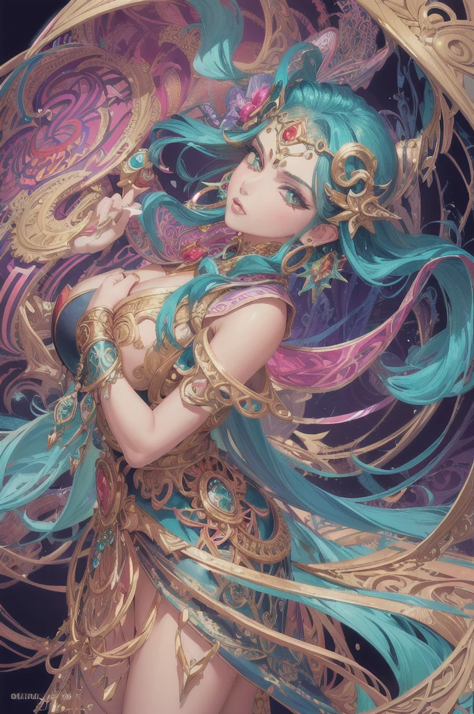 (masterpiece, top quality, best quality, official art, beautiful and aesthetic:1.2), (1girl:1.3), Esmeralda (mobile legend hero), extremely detailed,(mobile legend theme color),(colorful:1.1),highest detailed,(zentangle:1.2), (dynamic pose), (abstract background:1.3), original skin hero: Esmeralda, (shiny skin), (busty, sexy),(earrings:1.4),