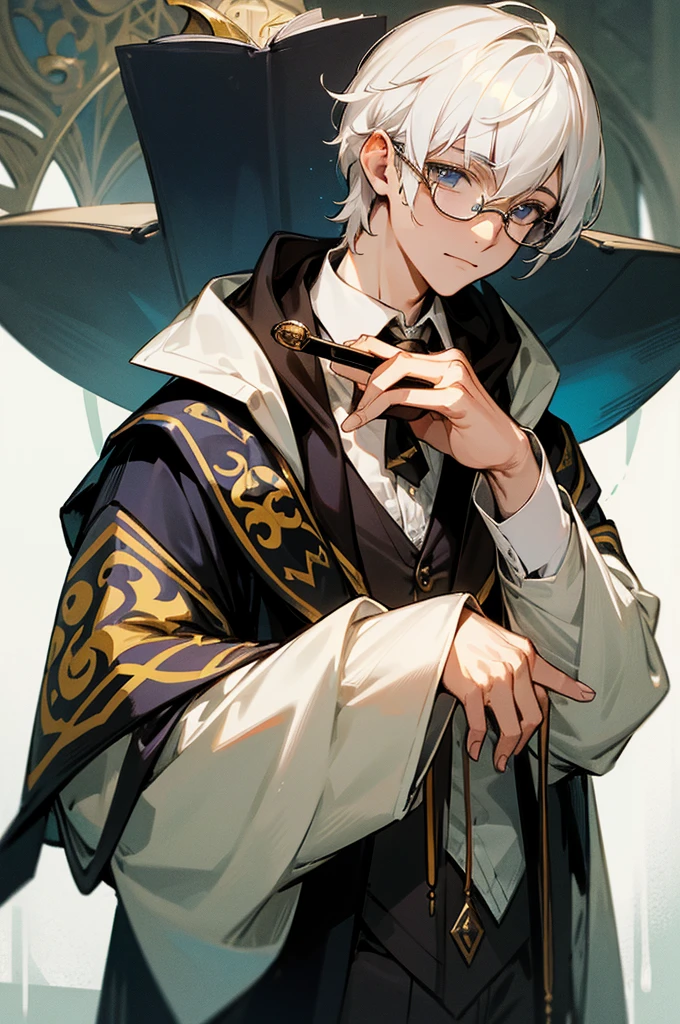 A handsome, magical young man from Hogwarts School of Magic, white hair, lives in the Hufflepuff house, uses glasses.