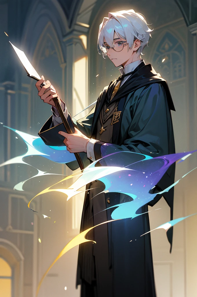 A handsome, magical young man from Hogwarts School of Magic, white hair, lives in the Hufflepuff house, uses glasses.