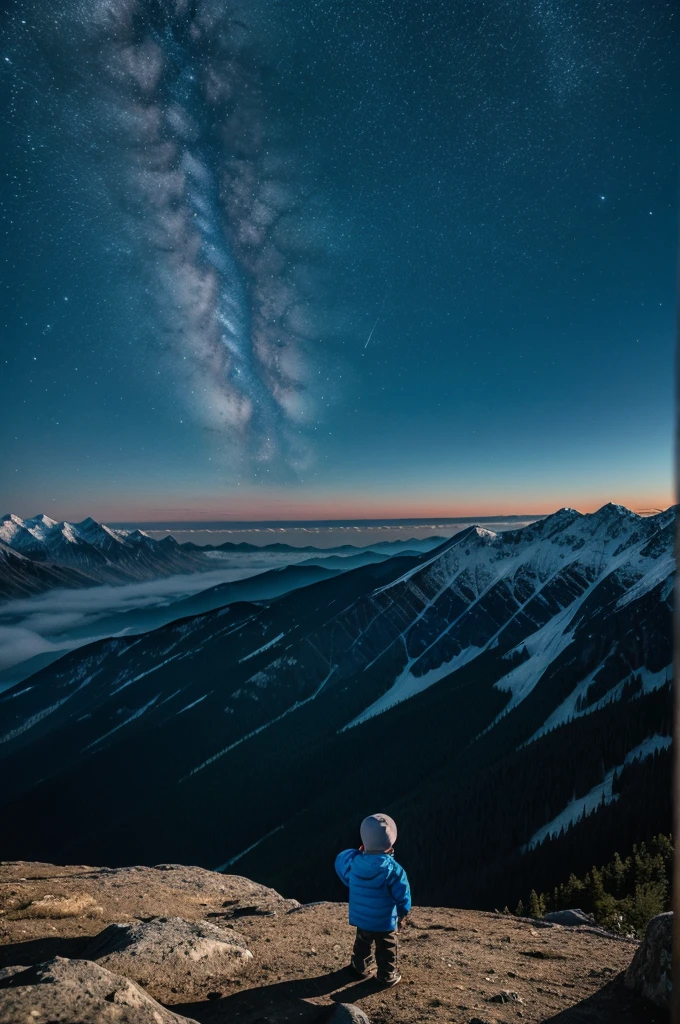 An aesthetic picture where one small boy is on mountain and dreaming, picture should be aesthetic  and it should be night time