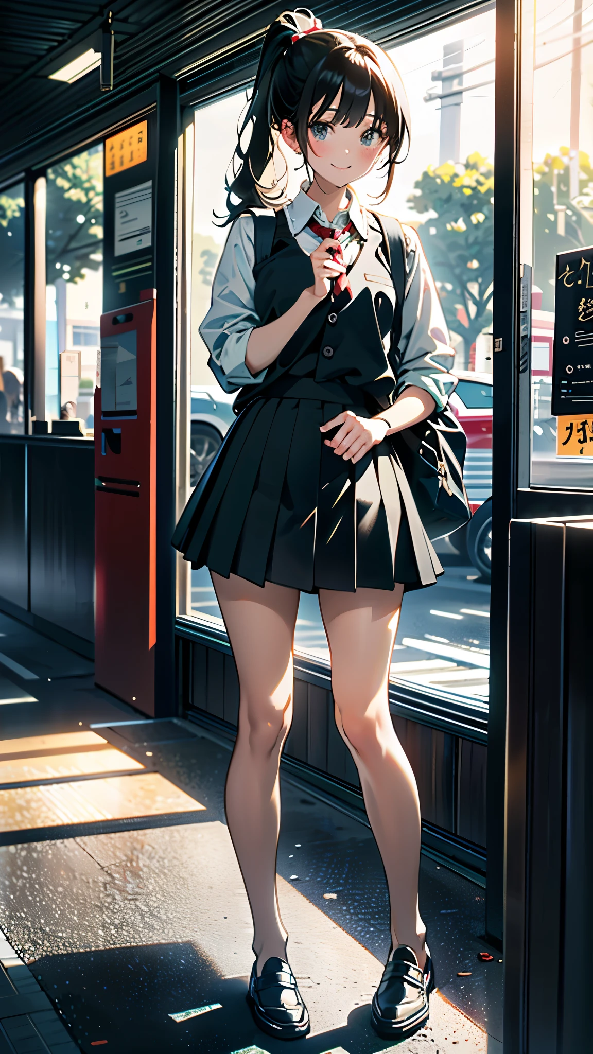 (8K, RAW Photos, 最high quality, masterpiece:1.2), high qualityのRAWカラー写真, Professional photo shoot, Cinematic Light, alone, (((young woman, Gal))), (Sharp features), (Small face), (Skin with attention to detail:1.2), clavicle, Cute face, Beautiful appearance, Long eyelashes,Girl Turning Around, smile, (Black Hair, Long straight line), High School Uniform, loafers,Knit grey vest、 Backpack, Night Park, Confident attitude, Capture the happy moment, Artistic painting,Attractive thighs, (A very fine touch:1.2),はにかんだsmile), Peaceful atmosphere, Oil painting style, Bright colors, (Are standing:1.5, Inside a convenience store, Full body portrait), Smooth texture, Gazing Eyes, Beautiful Skin, Shiny skin, ((Perfect Fingers, Five Fingers, Anatomically correct)), Background Blur, high quality, Surreal, ((Very detailed, photo shoot)),A large number of people、blush、plump、Black Hair、Tie-up hair、ponytail、mini skirt、heavy rain、、((チェック柄のmini skirt))、Checkered pleated skirt