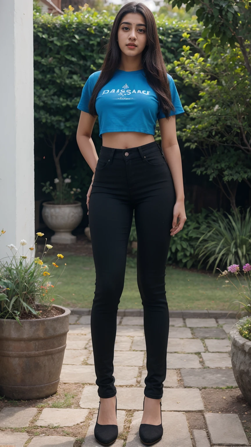 A beautiful young woman, Ananya Pandey wearing blue tshirt and black jeggings Full figure view full body, garden said body view view anatomy, ultra detailed face and eyes, ultra sharp HDR, realistic realism, 8k