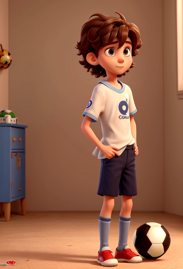 a boy, very skinny, with short, frizzy hair, likes to play soccer, Disney cartoon style