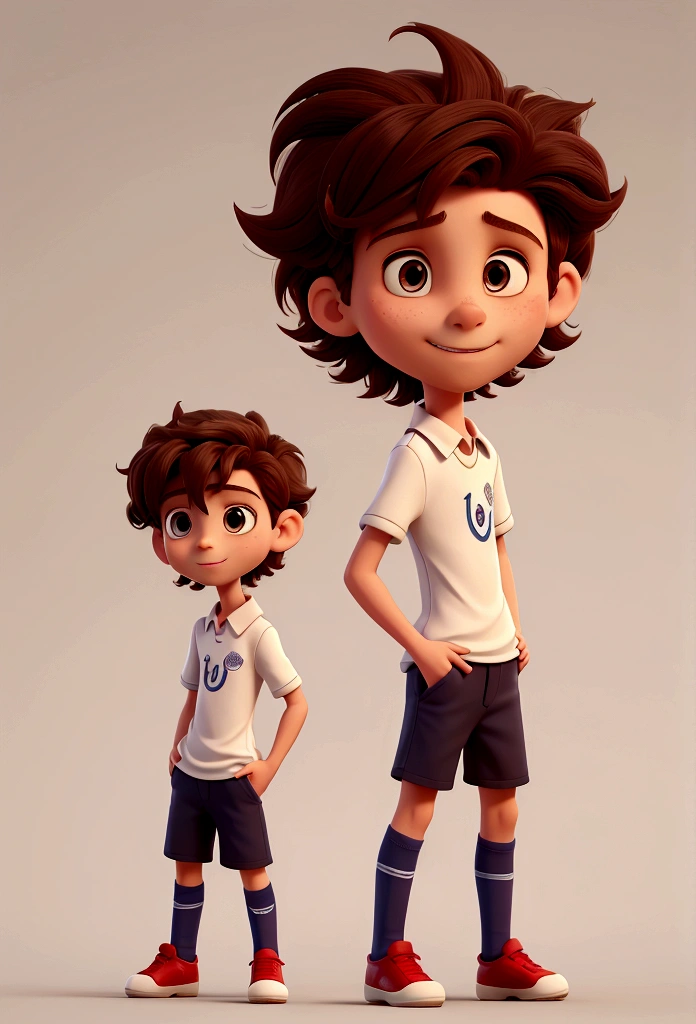 a boy, very skinny, with short, frizzy hair, likes to play soccer, Disney cartoon style