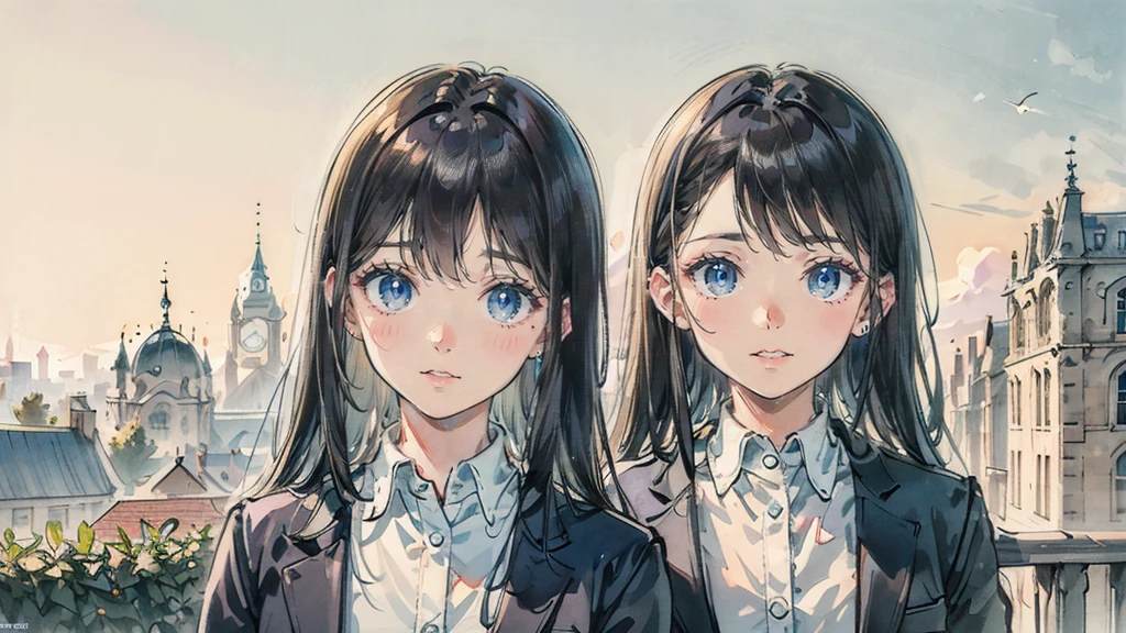 Ultra High Quality, masterpiece, high resolution, accurate anatomy, accurately describe a person, Beautiful illustration, 2 high school girls, cute face, happy, black hair, Historic buildings, quaint school buildings, beautiful movie, 