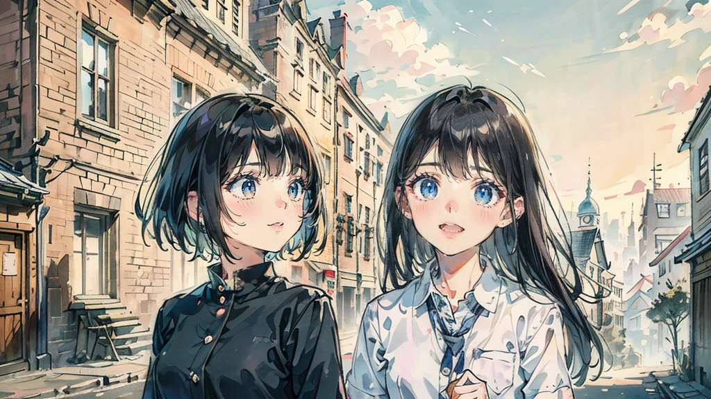 Ultra High Quality, masterpiece, high resolution, accurate anatomy, accurately describe a person, Beautiful illustration, 2 high school girls, cute face, happy, black hair, Historic buildings, quaint school buildings, beautiful movie, 